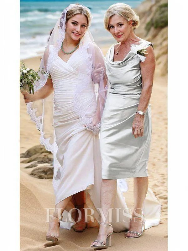 Sheath/Column Square Knee-Length Silk like Satin Mother of the Bride Dresses With Ruffles