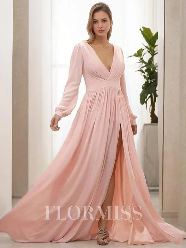 A-Line/Princess V-neck Sweep Train Chiffon Mother of the Bride Dresses With Leg Slit