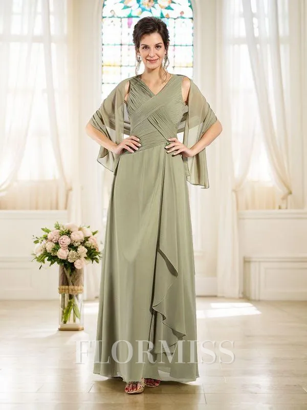A-Line/Princess V-neck Floor-Length Chiffon Mother of the Bride Dresses With Pleats