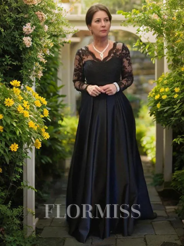 A-Line/Princess V-neck Sweep Train Satin Mother of the Bride Dresses With Lace