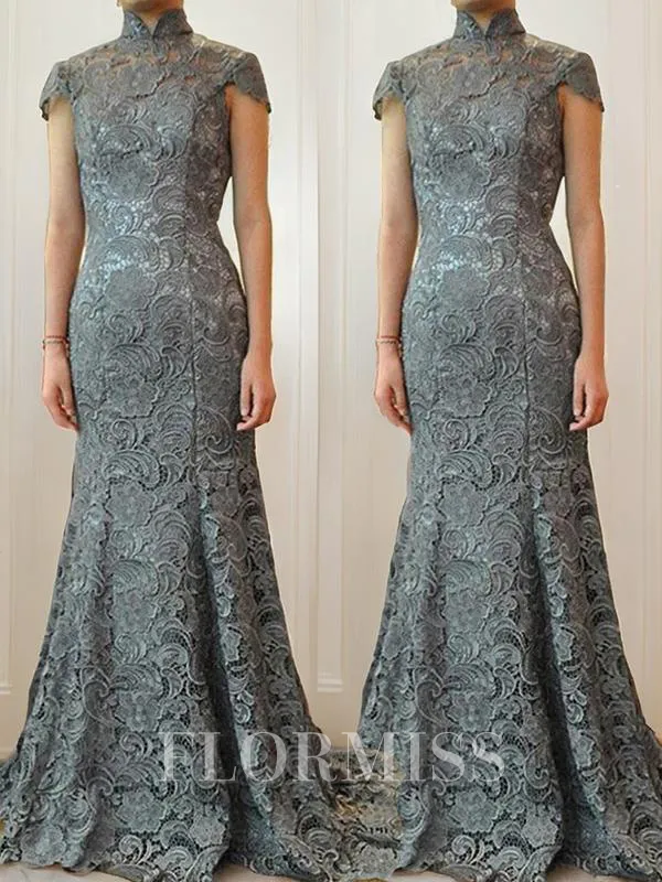 Trumpet/Mermaid High Neck Sweep Train Lace Mother of the Bride Dresses With Ruffles