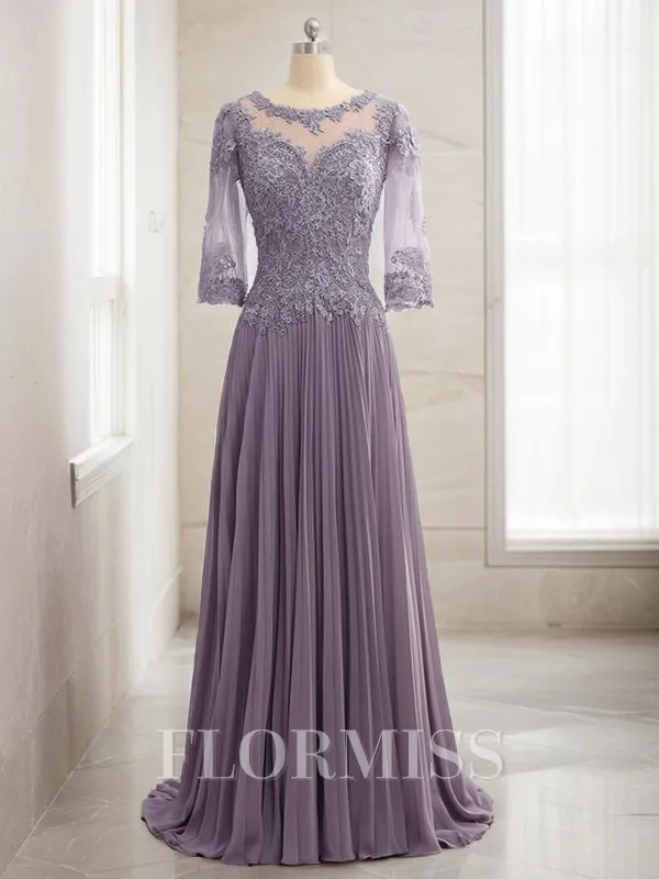 A-Line/Princess Scoop Sweep Train Chiffon Mother of the Bride Dresses With Lace