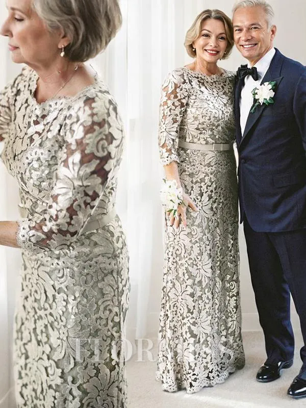 Sheath/Column Scoop Floor-Length Lace Mother of the Bride Dresses With Belt/Sash