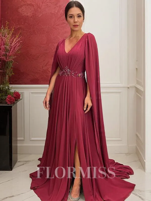A-Line/Princess V-neck Court Train Chiffon Mother of the Bride Dresses With Leg Slit