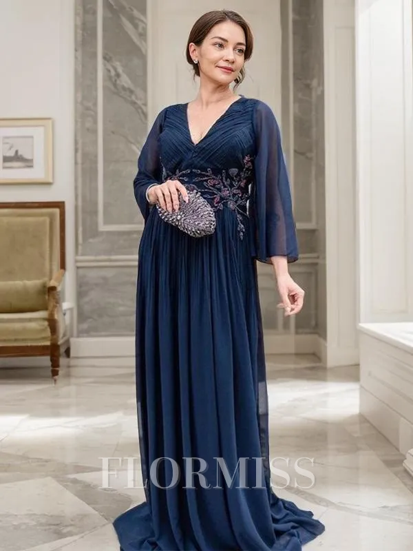 A-Line/Princess V-neck Sweep Train Chiffon Mother of the Bride Dresses With Appliques Lace