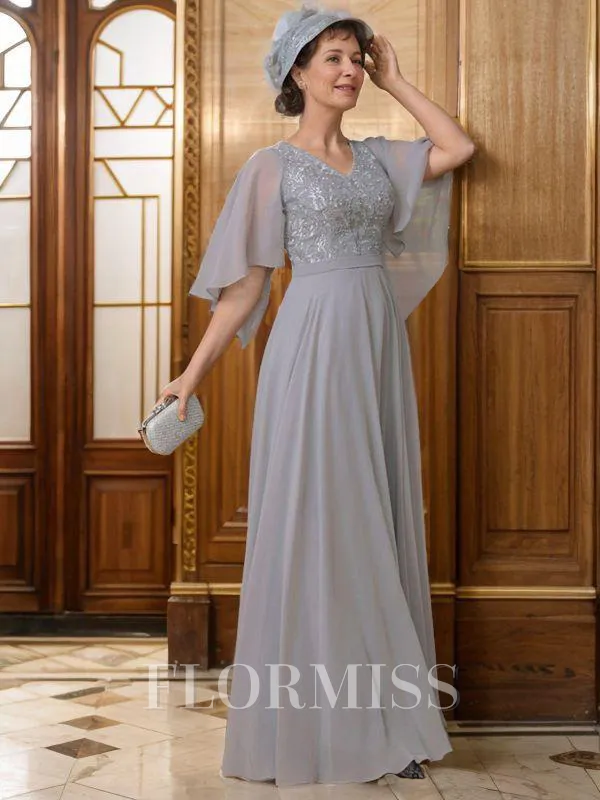 A-Line/Princess V-neck Floor-Length Chiffon Mother of the Bride Dresses With Applique