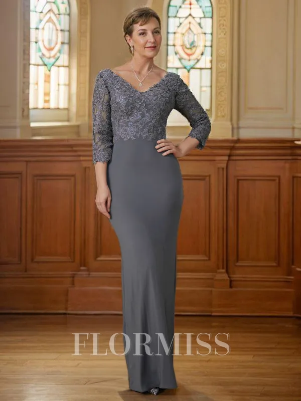 Sheath/Column V-neck Floor-Length Jersey Mother of the Bride Dresses With Lace Applique