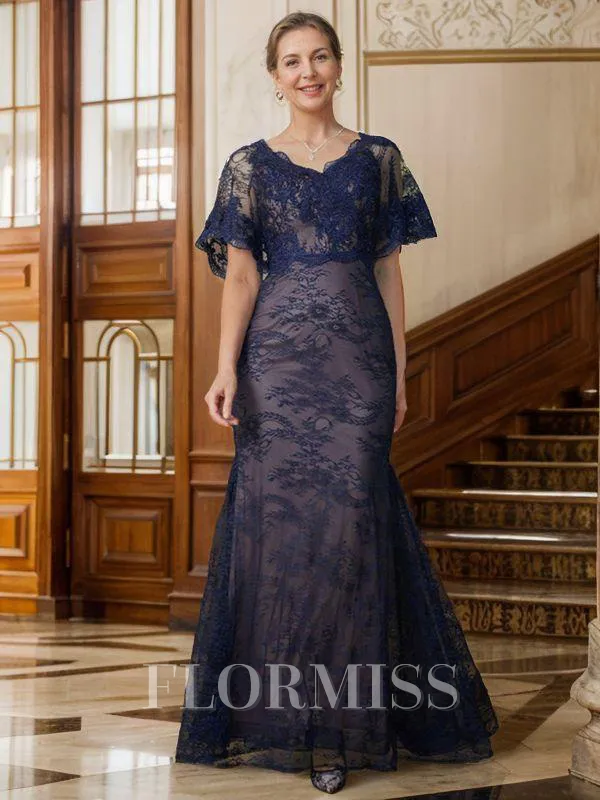 Sheath/Column V-neck Floor-Length Silk like Satin Mother of the Bride Dresses With Lace Applique