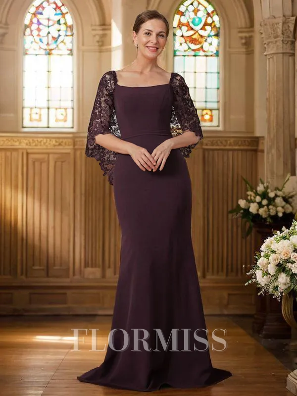 Sheath/Column Square Sweep Train Stretch Crepe Mother of the Bride Dresses With Lace