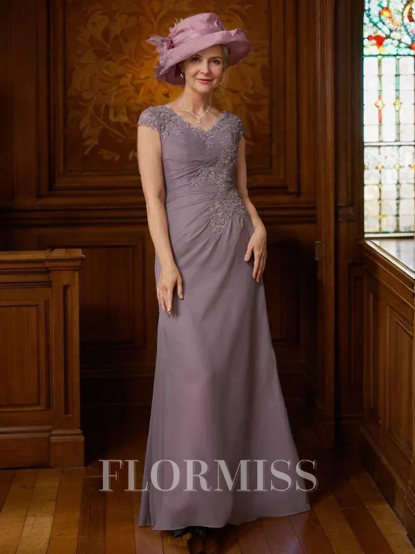 Sheath/Column V-neck Floor-Length Chiffon Mother of the Bride Dresses With Lace