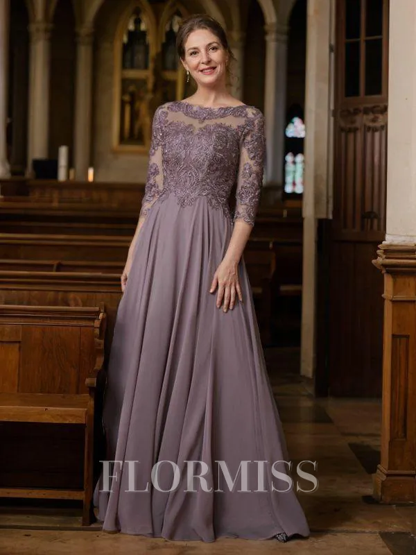 A-Line/Princess Scoop Chiffon Floor-Length Mother of the Bride Dresses With Lace