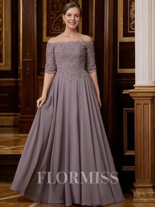 A-Line/Princess Off-the-Shoulder Floor-Length Chiffon Mother of the Bride Dresses With Applique