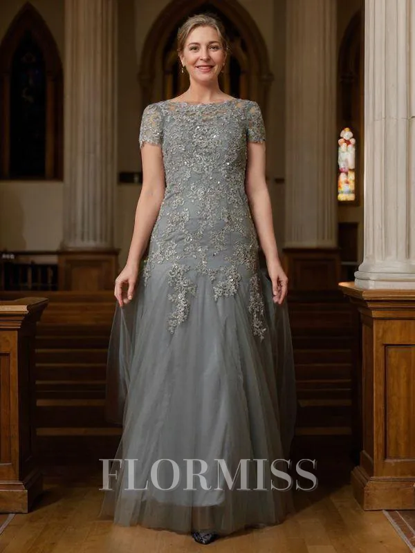 A-Line/Princess Scoop Floor-Length Tulle Mother of the Bride Dresses With Lace