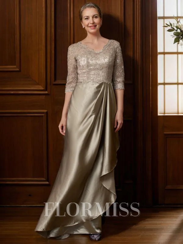 A-Line/Princess V-neck Satin Sweep Train Mother of the Bride Dresses With Lace