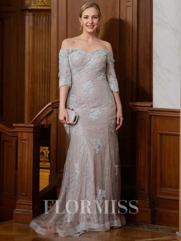 Sheath/Column Off-the-Shoulder Sweep Train Lace Applique Mother of the Bride Dresses