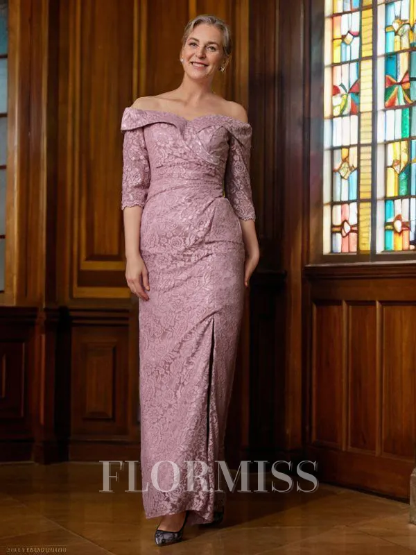Sheath/Column Off-the-Shoulder Floor-Length Satin Mother of the Bride Dresses With Lace