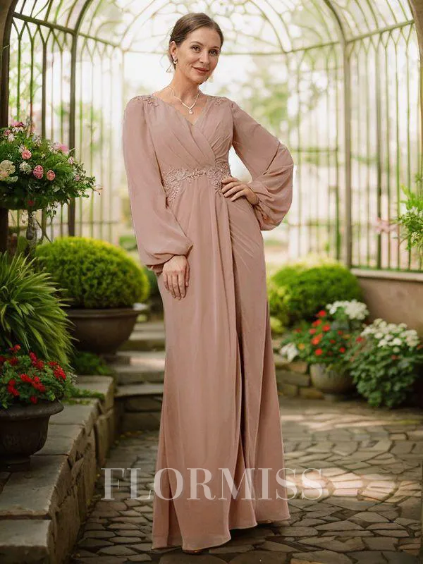 A-Line/Princess V-neck Floor-Length Chiffon Mother of the Bride Dresses With Applique