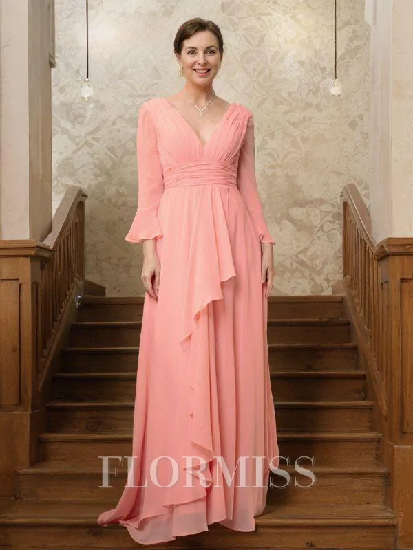 A-Line/Princess V-neck Sweep Train Chiffon Mother of the Bride Dresses With Ruffles