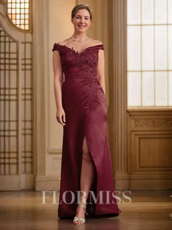Sheath/Column Off-the-Shoulder Sweep Train Satin Mother of the Bride Dresses With Applique