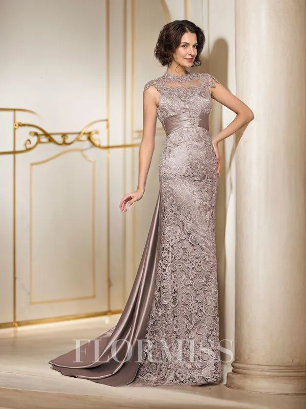 A-Line/Princess High Neck Court Train Silk Like Satin Mother of the Bride Dresses