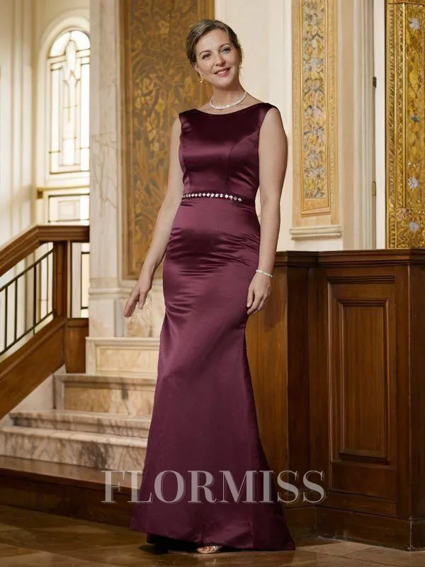 Sheath/Column Scoop Sweep Train Satin Mother of the Bride Dresses With Beading