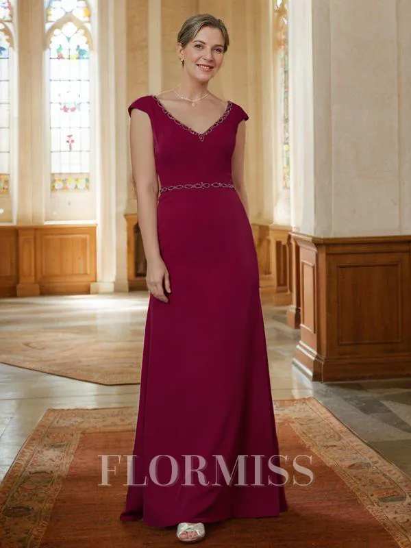 Sheath/Column V-neck Floor-Length Stretch Crepe Mother of the Bride Dresses With Beading