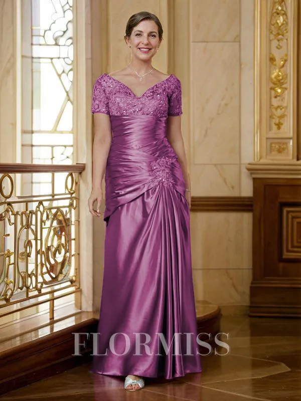 Sheath/Column V-neck Floor-Length Silk Like Satin Mother of the Bride Dresses With Applique