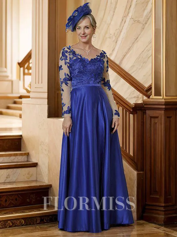 A-Line/Princess V-neck Floor-Length Satin Floor-Length With Applique