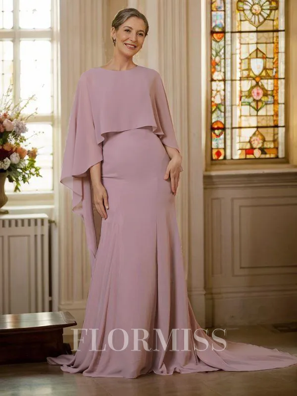 Sheath/Column Scoop Sweep Train Chiffon Mother of the Bride Dresses With Ruffles