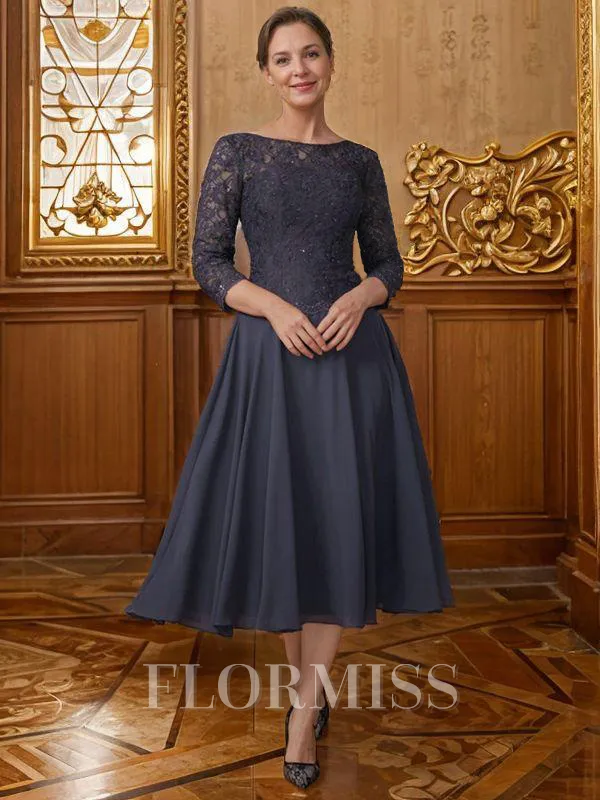 A-Line/Princess Scoop Tea-Length Chiffon Mother of the Bride Dresses With Lace Applique