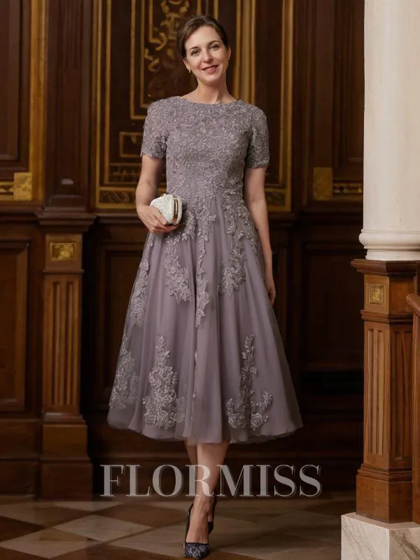 A-Line/Princess Scoop Tea-Length Chiffon Mother of the Bride Dresses With Lace