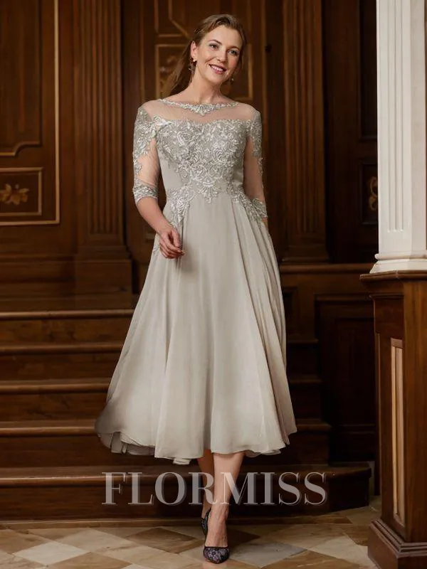 A-Line/Princess Scoop Tea-Length Chiffon Mother of the Bride Dresses With Lace