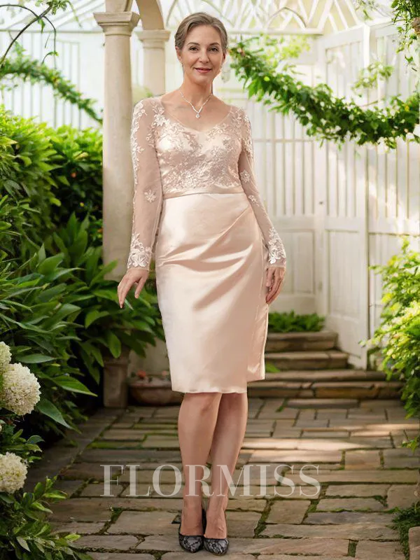 Sheath/Column V-neck Knee-Length Satin Mother of the Bride Dresses With Lace Applique