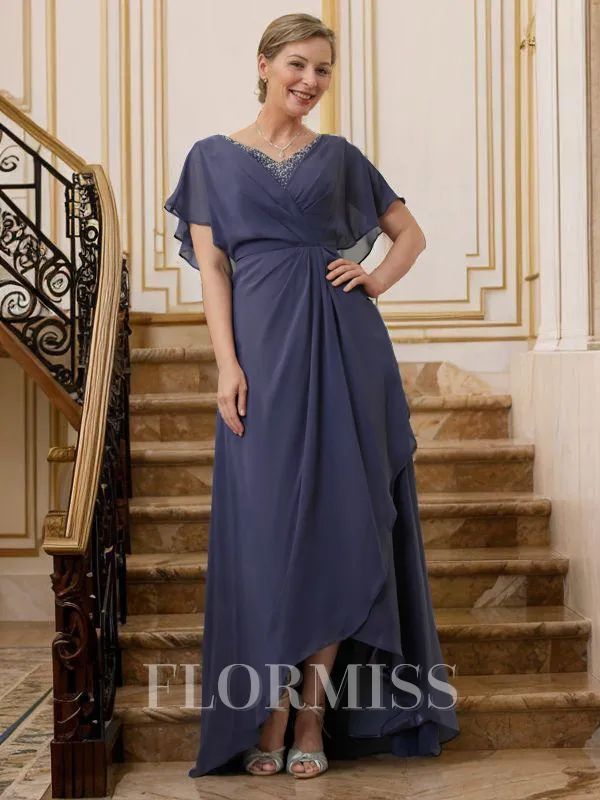 A-Line/Princess V-neck Asymmetrical Chiffon Mother of the Bride Dresses With Beading