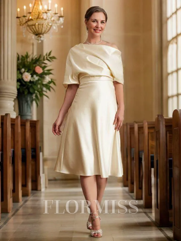 A-Line/Princess Off-the-Shoulder Tea-Length Charmeuse Mother of the Bride Dresses With Ruffles