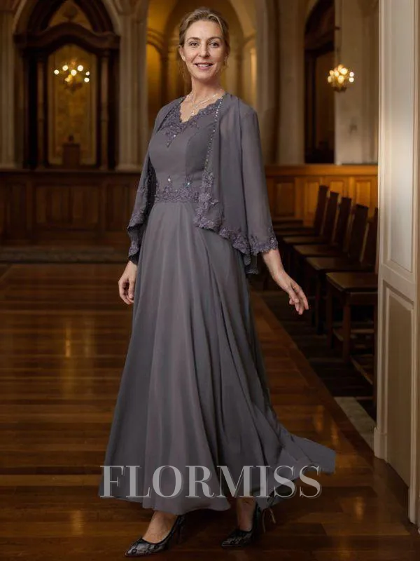 A-Line/Princess V-neck Ankle-Length Chiffon Mother of the Bride Dresses With Applique
