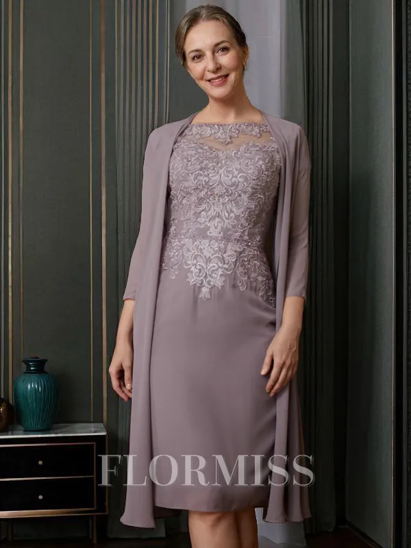 Sheath/Column Scoop Knee-Length Chiffon Mother of the Bride Dresses With Lace