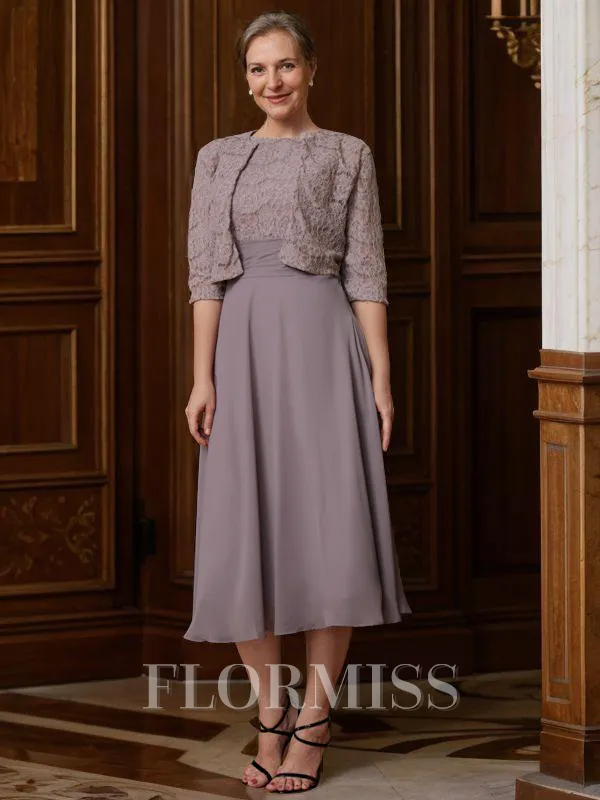 A-Line/Princess Scoop Tea-Length Chiffon Mother of the Bride Dresses With Lace