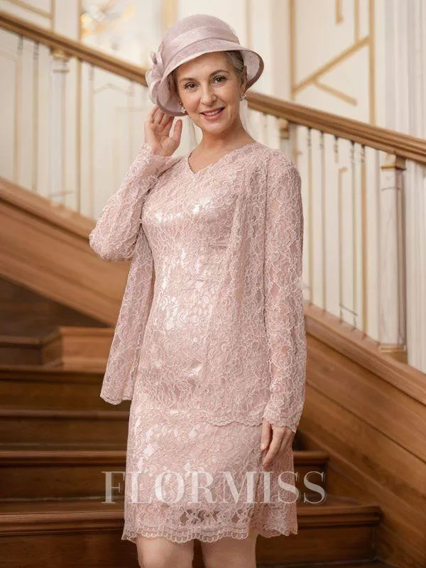 Sheath/Column V-neck Knee-Length Silk like Satin Mother of the Bride Dresses With Lace