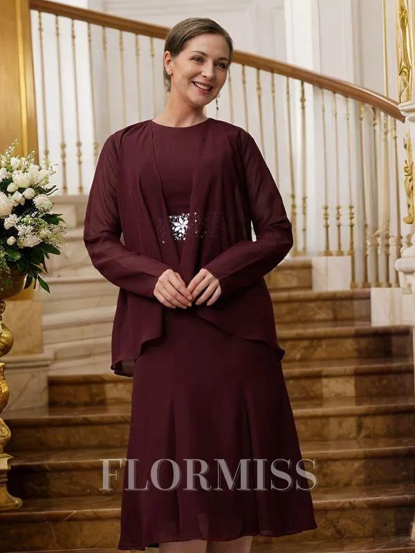 Sheath/Column Scoop Tea-Length Chiffon Mother of the Bride Dresses With Beading