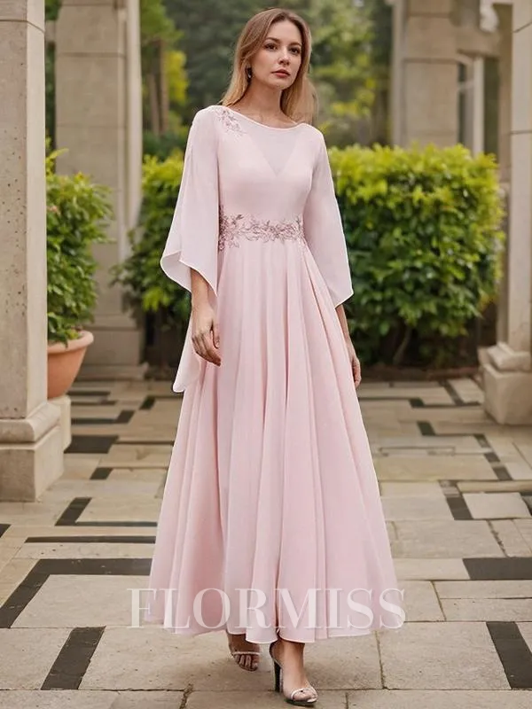 A-Line/Princess Scoop Ankle-Length Chiffon Mother of the Bride Dresses With Lace Applique