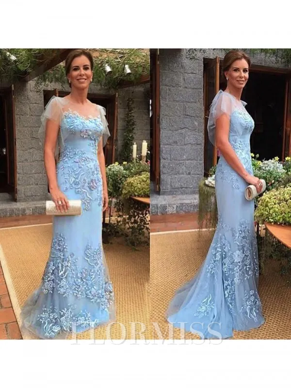 Sheath/Column Sheer Neck Sweep Train Tulle Mother Of The Bride Dresses With Lace Applique