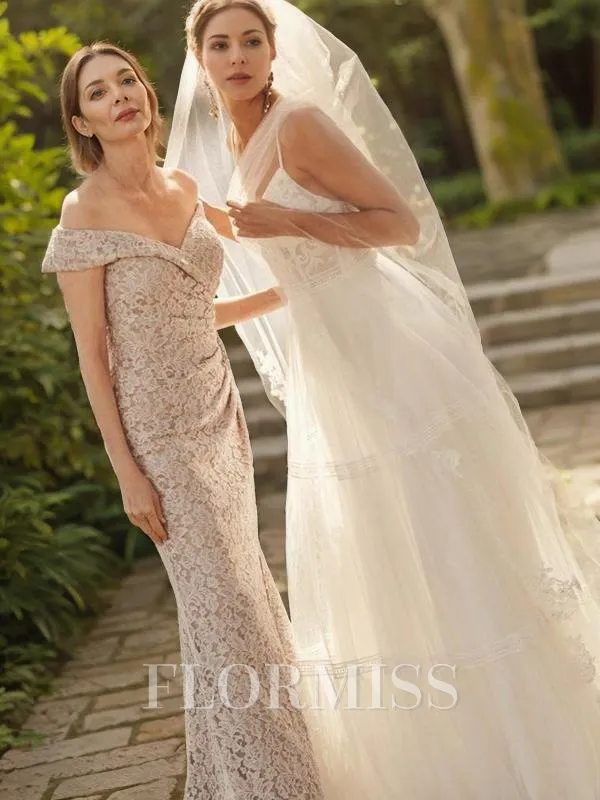 Sheath/Column Off-the-Shoulder Floor-Length Lace Mother of the Bride Dresses With Ruched