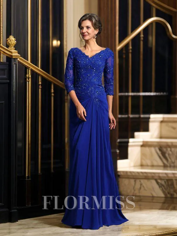 A-Line/Princess V-neck Sweep Train Chiffon Mother of the Bride Dresses With Appliques Lace