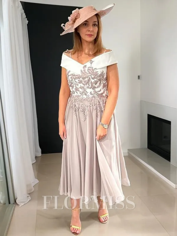 A-line/Princess Bateau Tea-Length Chiffon Mother of the Bride Dresses With Applique