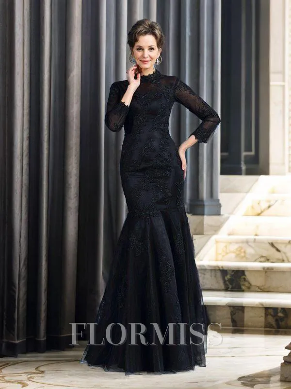 Trumpet/Mermaid High Neck Floor-Length Tulle Mother of the Bride Dresses With Appliques Lace
