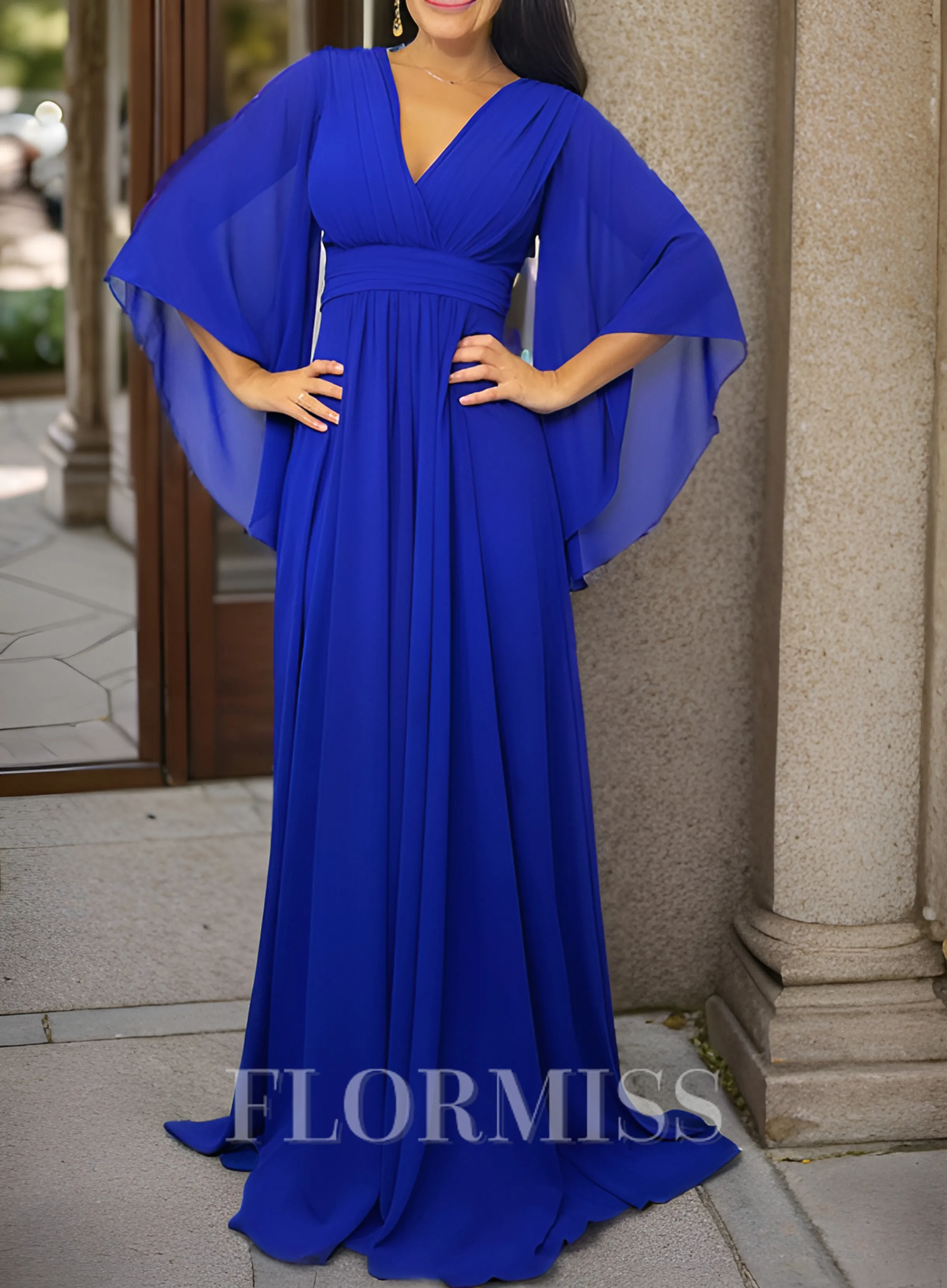 A-line V-neck 3/4 Sleeves Pleated Floor-Length Chiffon Mother of the Bride Dress