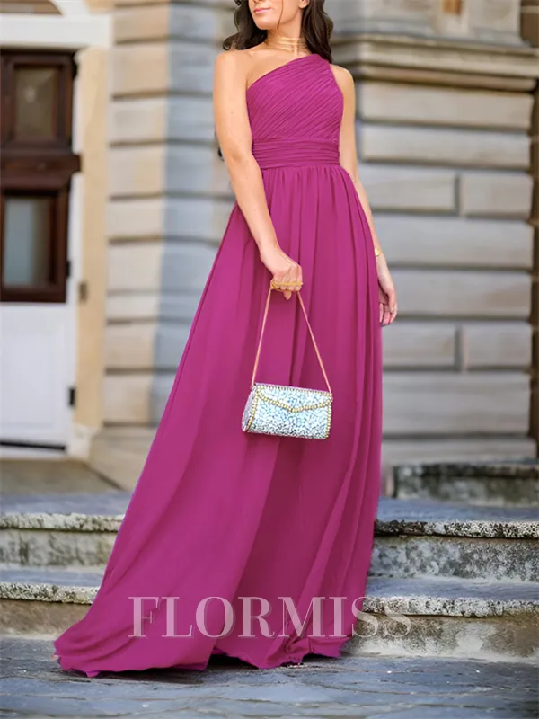A-line One-Shoulder Pleated Floor-Length Chiffon Mother of the Bride Dress