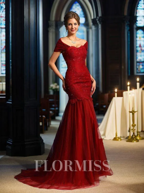 Trumpet/Mermaid Off-the-Shoulder Sweep Train Satin Mother of the Bride Dresses With Beading