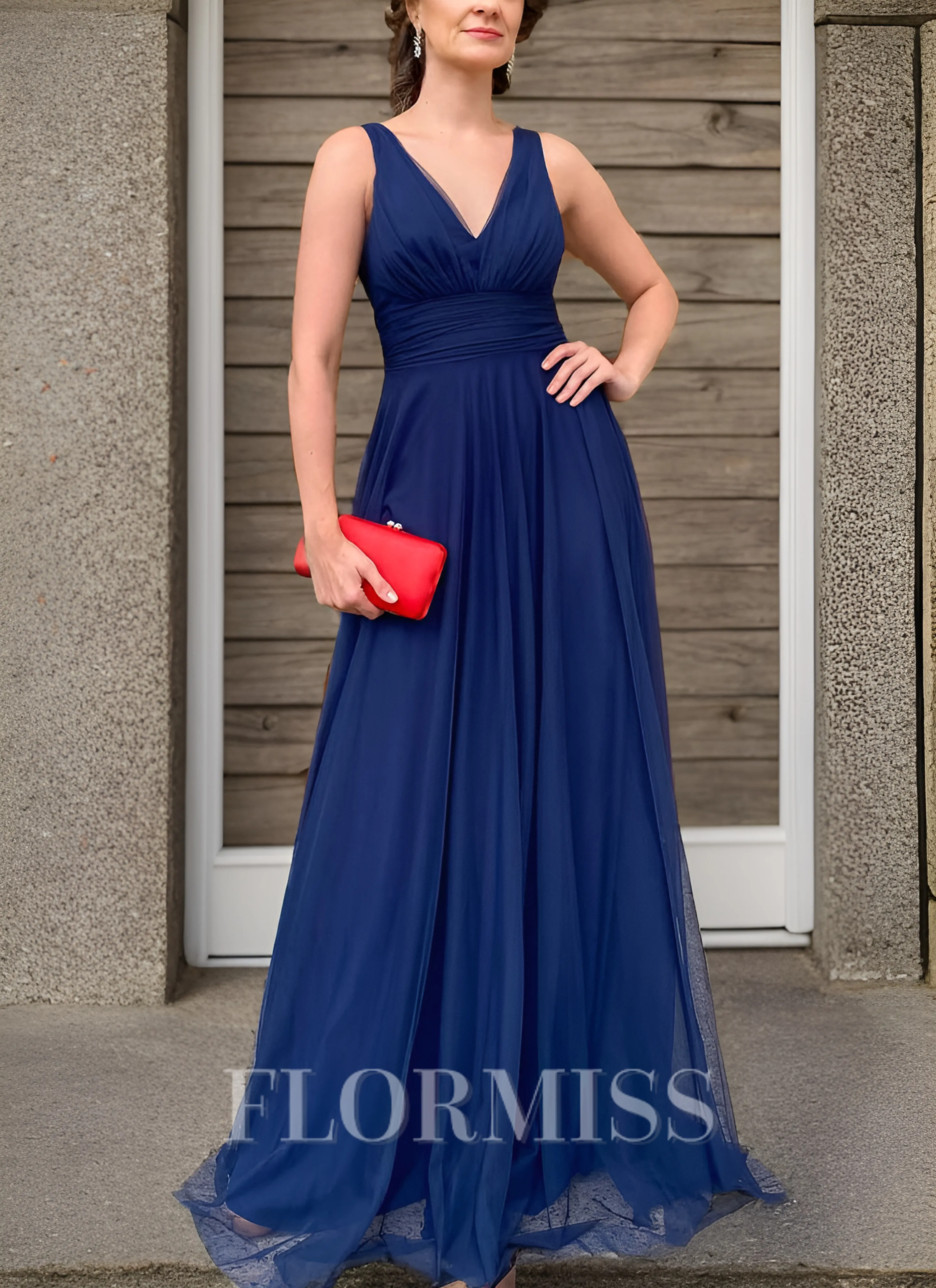 A-line V-neck Pleated Floor-Length Tulle Mother of the Bride Dress